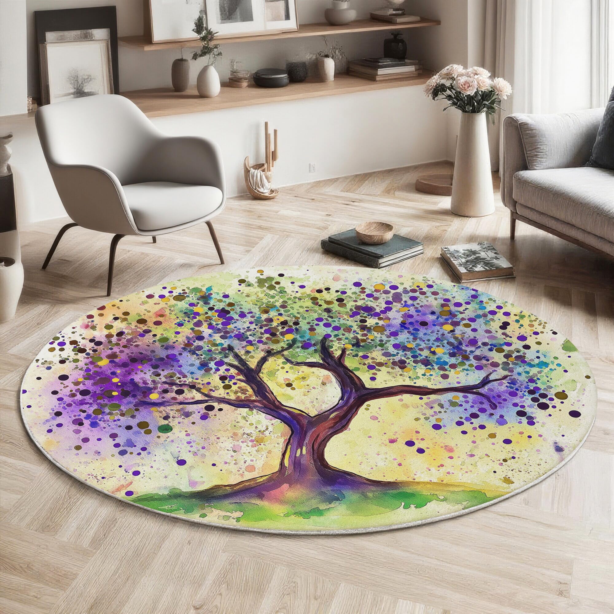 Tapis rond doux à poils courts vert et violet lavable motif olivier 120cm