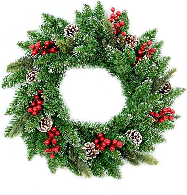 SHATCHI Artificial 55cm Lit Christmas Tree Wreath Garland Pre Berries and Pine Cones Frosted Tips Door Wall Hanging Decorations Xmas Home LED Light Up Décor, Green