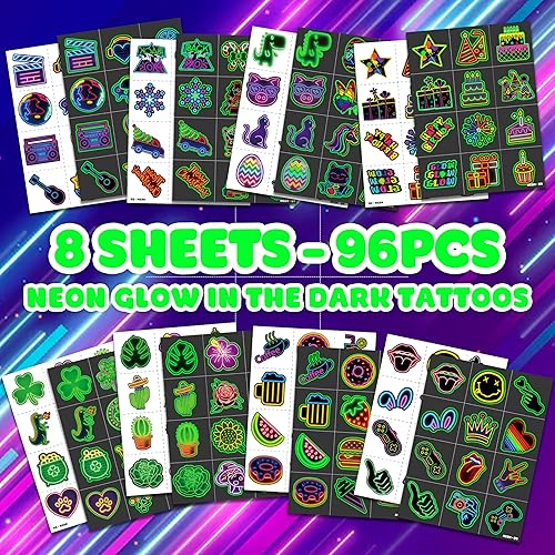 Miniatura 10 de Decoración de fiesta de cumpleaños con temática de tatuajes temporales de neón suministros de decoración de recuerdos de 96 piezas 8 hojas bonitas