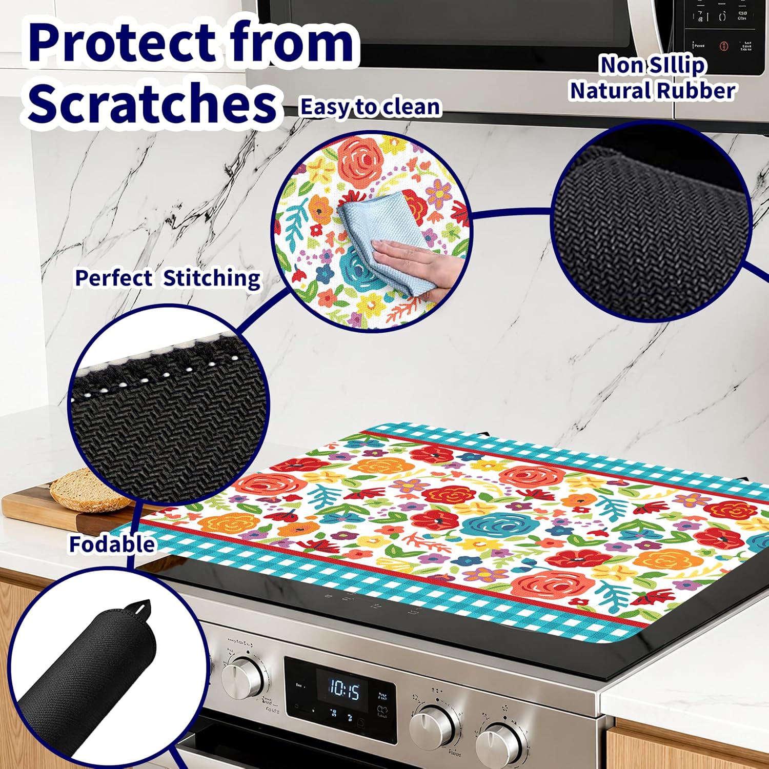 Colorful Floral Stove Top Cover for Electric Stove, Heat Resistant Glass Cooktop Protector with 2 Hooks, Farmhouse Stove Cover for Kitchen Countertop Protection