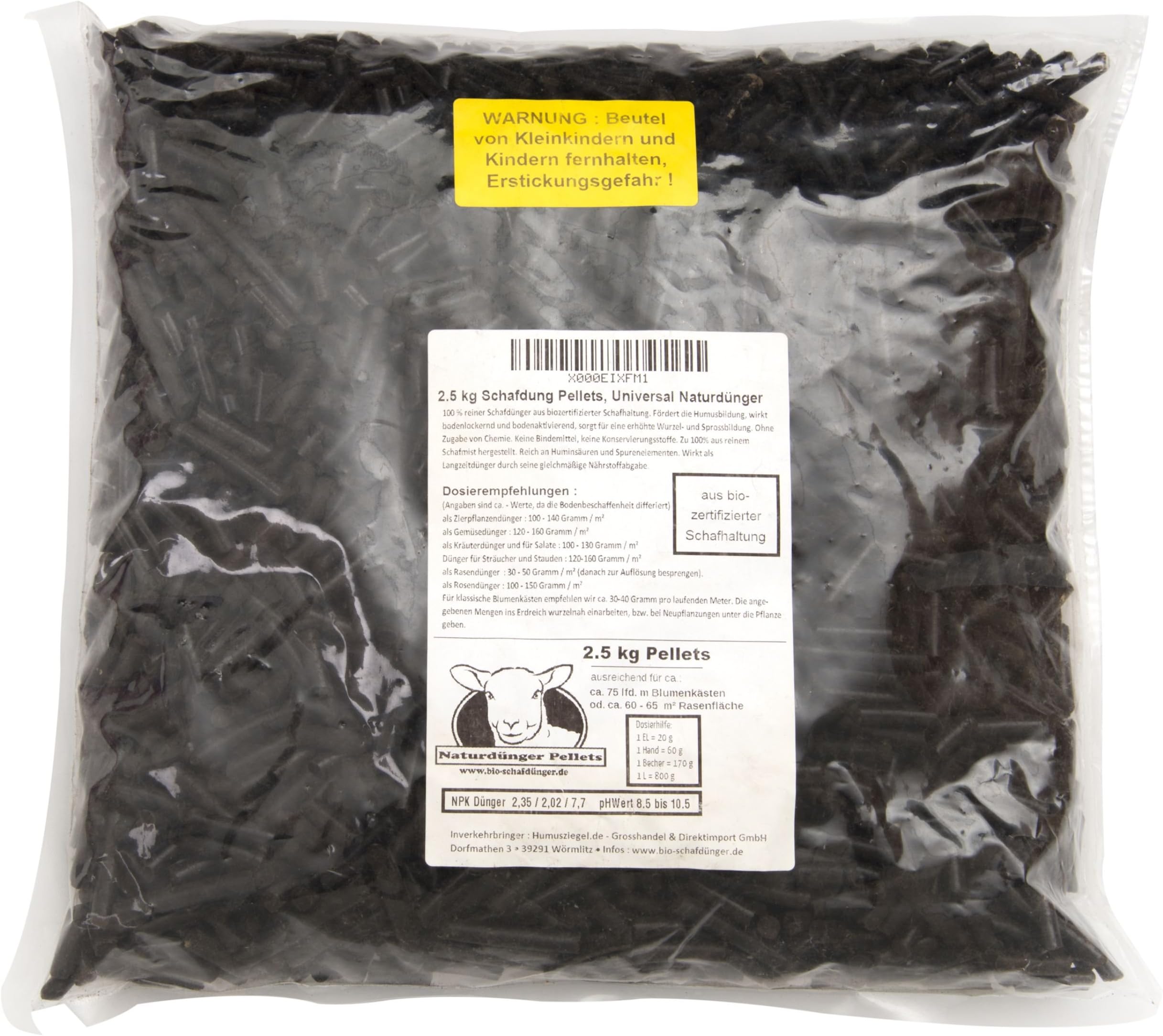 2.5 kilogram Pellets Made from Sheep Manure, Universal, All-Purpose, Natural, Long-Term Fertilizer, Plant Food, for Potting Soil and Flower Bed, Flower Box