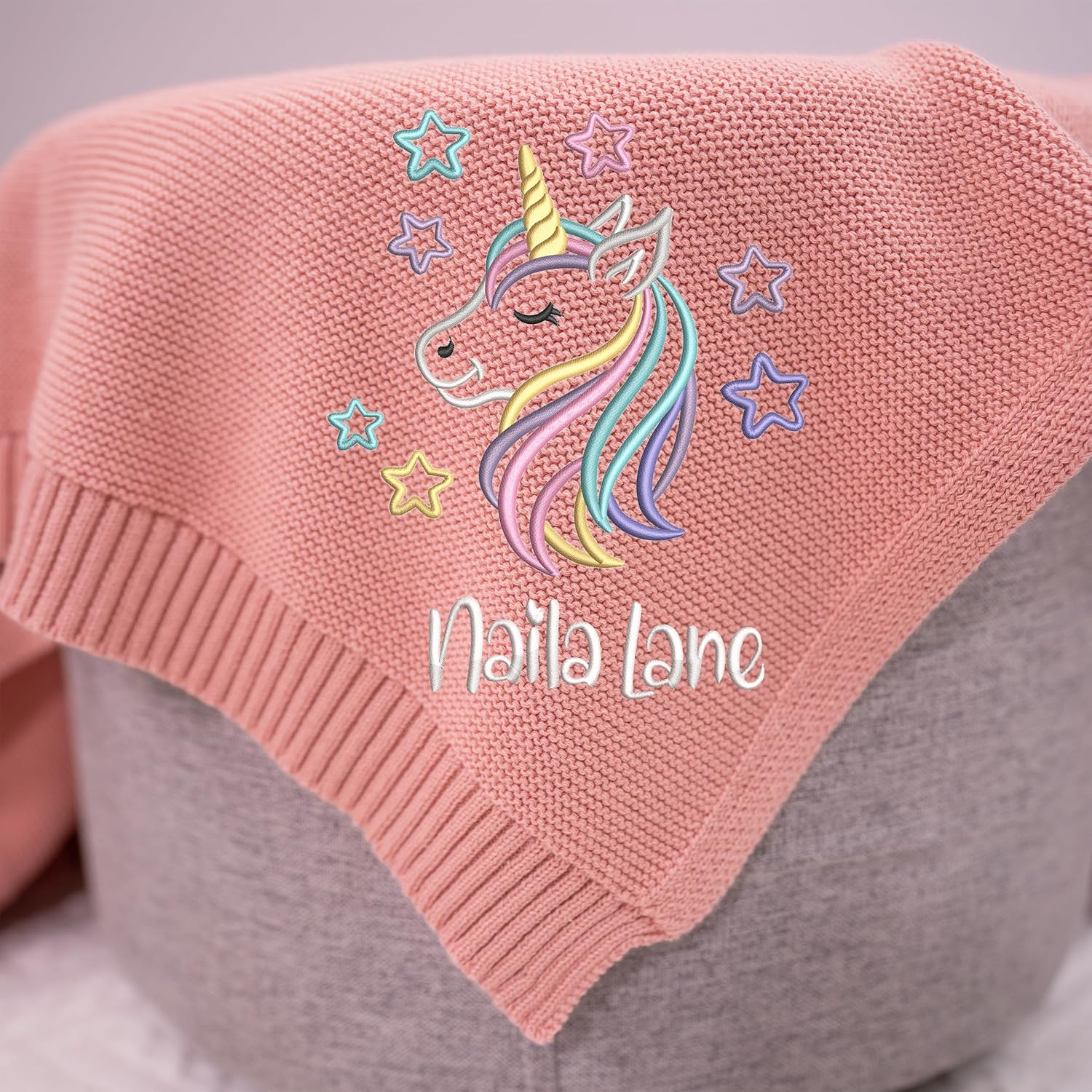 Personalized Cute Unicorn Baby Girl Blanket, Magic Machine Embroidery Baby Organic Cotton Knit, Customised Girl Unicorn Gifts, Magic Unicorn Baby Newborn