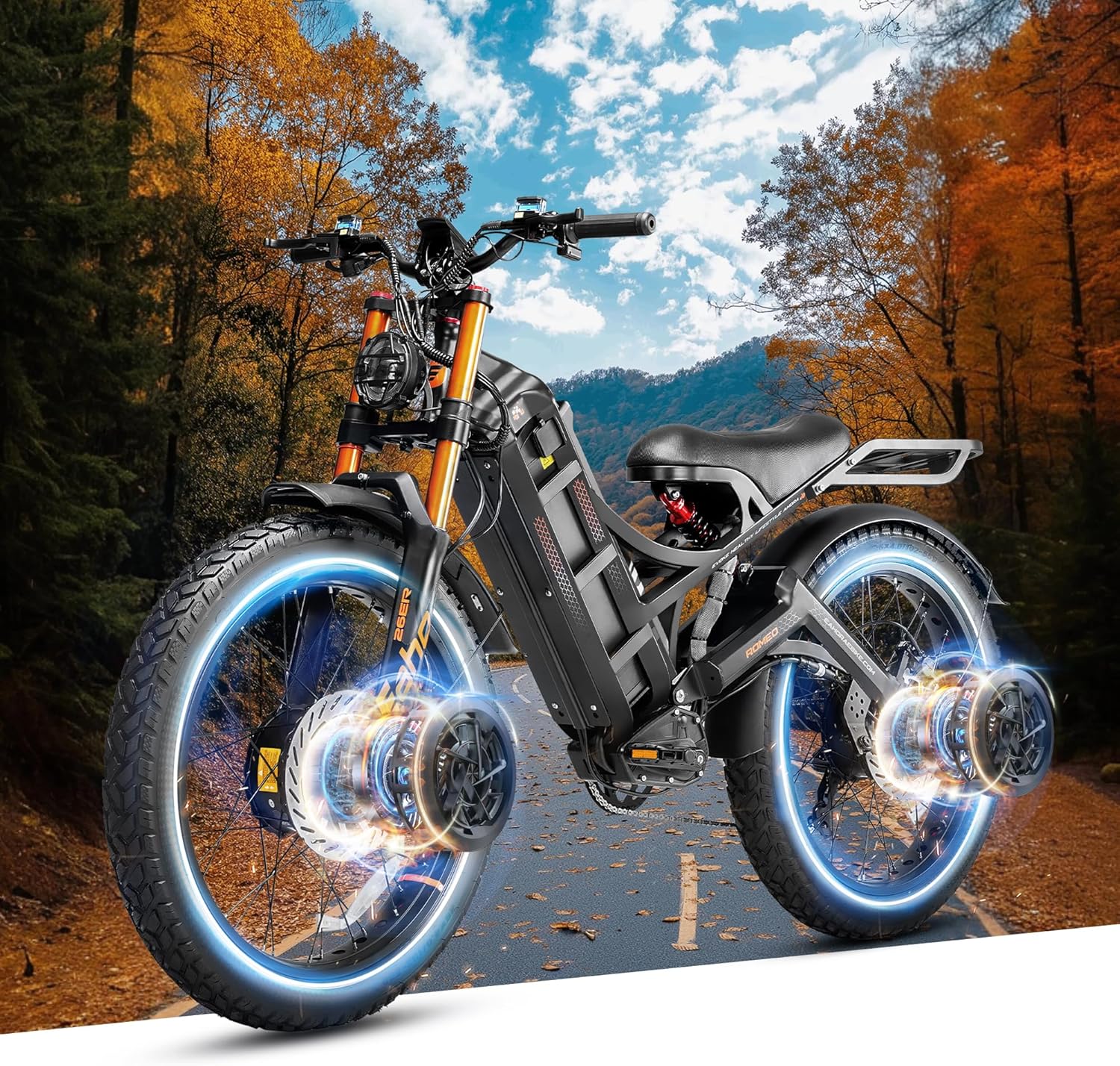 eAhora 2025 Romeo Pro 2 Electric Bike for Adults 4000W Dual Motor Electric Bicycle 46MPH 52V 70Ah 200+Miles Long Range 26 * 4.0 Fat Tire Full Suspension Electric Mountain Bike with Rack Black