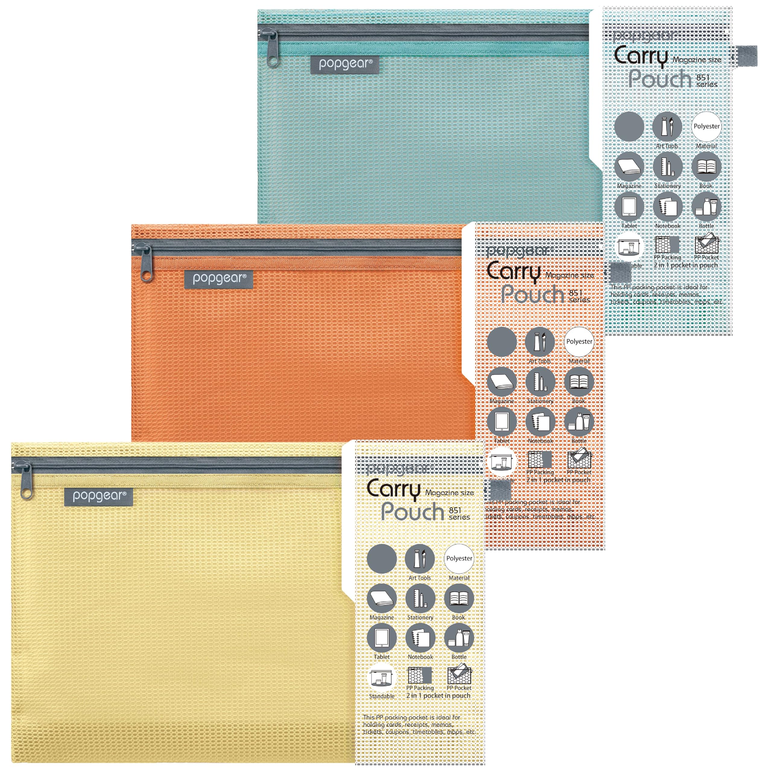 popgearExpandable Mesh Zipper Pouch, Water Repellent Zipper Bag, Compact Travel Packing Pouches, Organize for Toiletries, Cosmetics, Document, Stationery, 3 Colors, 3 Packs