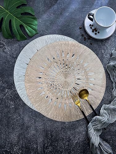 Miniatura 5 de WSHINE Paquete de 2 manteles individuales redondos de vinilo dorado, tapetes huecos para mesa de cocina y comedor, boda, decoración de mesa, 15