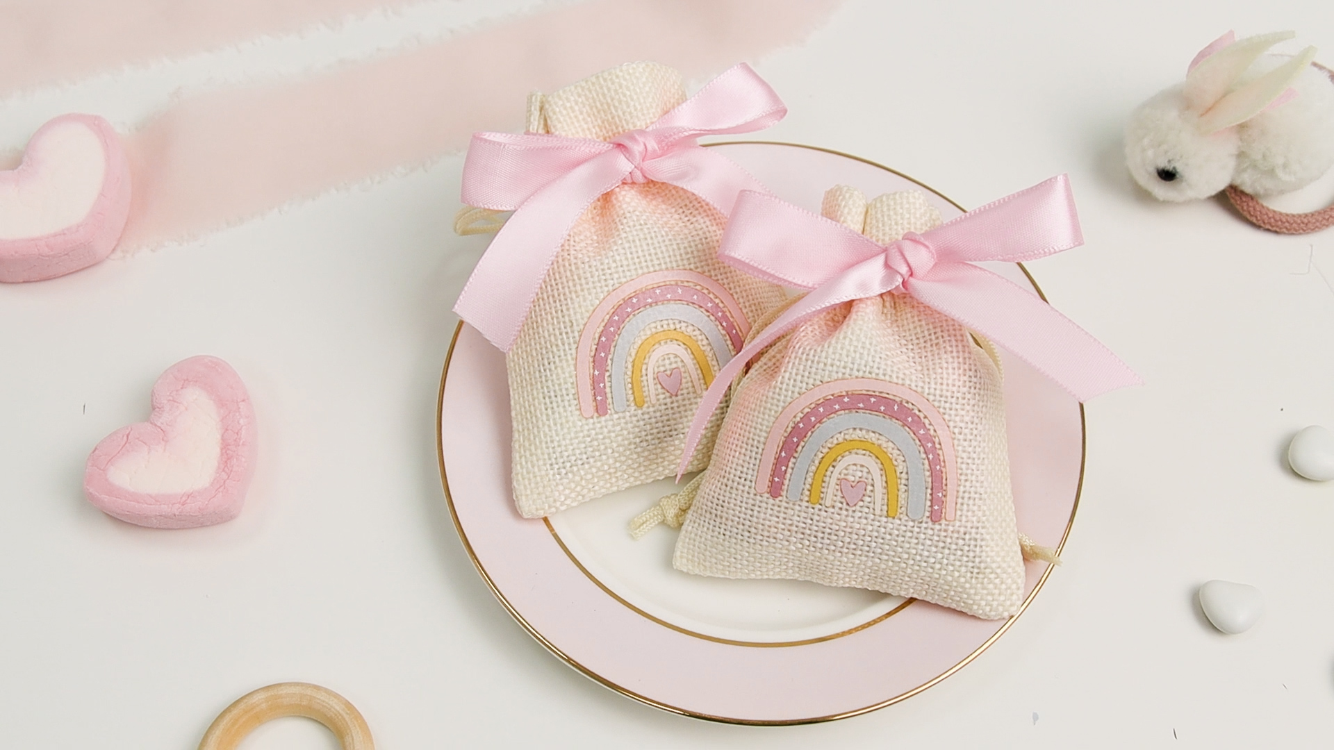20 Sacchetti Portaconfetti Battesimo Bambina - Boho Rosa Con Arcobaleno, Nastri Inclusi