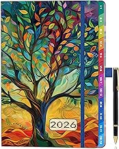 2026 A5 Week to View Diary (Jan to Dec) - Goldenrod Multicolor Tree Design with Colorful Monthly Tabs, 2 Bookmarks, Pen Holder, Pen Loop and Inner Pocket - Stylish Organizer