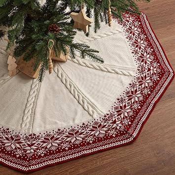 48 inch Christmas Tree Skirt Cable Knit Tree Skirt with Red White Snowflake Polygon Edge, Tree Skirt for 7.5ft Tree, Vintage Tree Skirts, Rustic Farmhouse Christmas Decorations