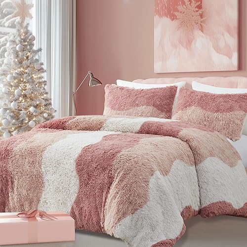 Intelligent Design Soft & Cozy Shaggy Faux Fur Comforter Set, Trendy Ombre Design with Vibrant Color, All Season, Down Alternative Bedding, Matching Sham, Cassie Full/Queen Blush Multi 3 Piece