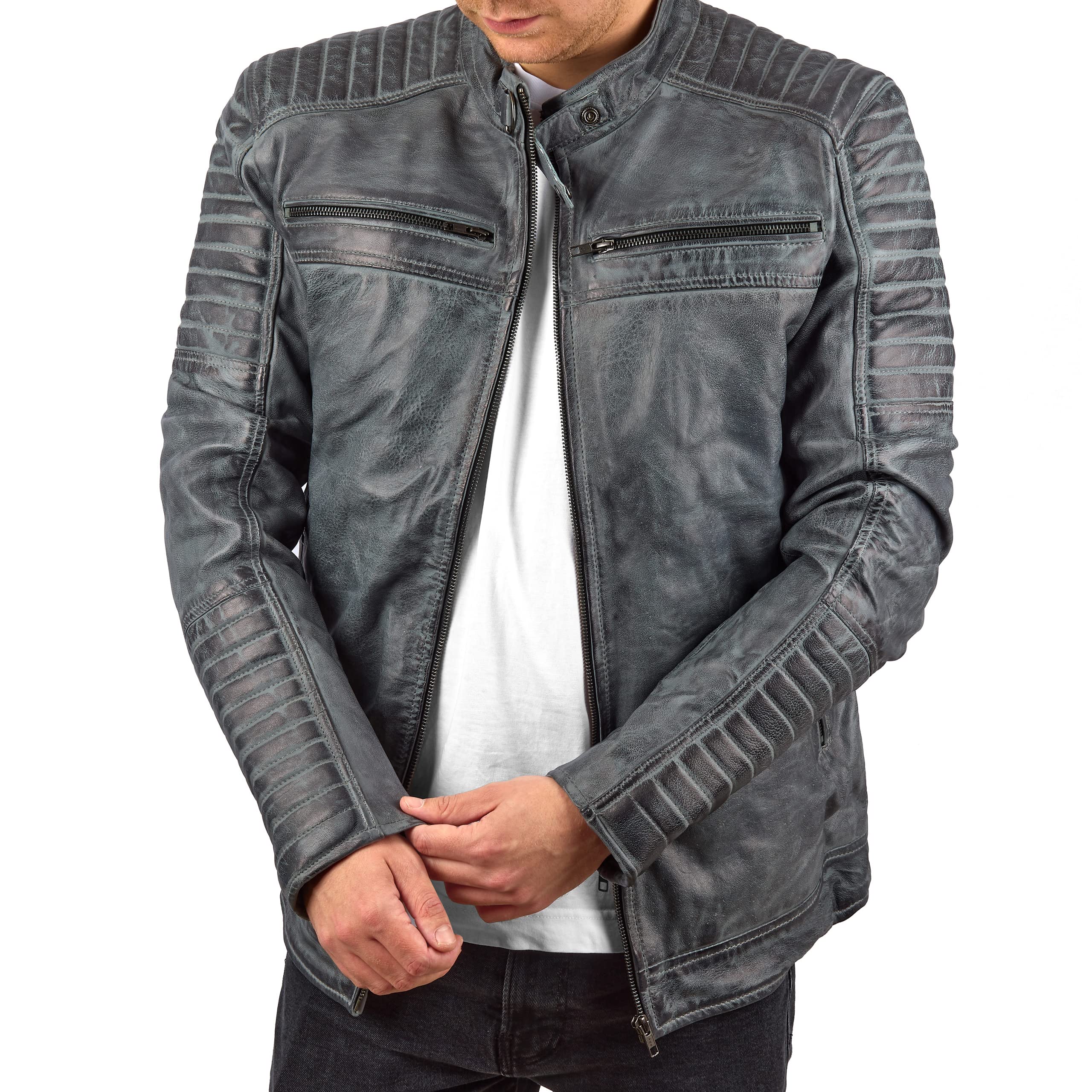 FAPA Chaqueta de piel de manga larga para hombre, elegante chaqueta de motorista, chaqueta de piel para hombre con cuello alto, chaqueta de entretiempo de piel auténtica, disponible en 3 colores
