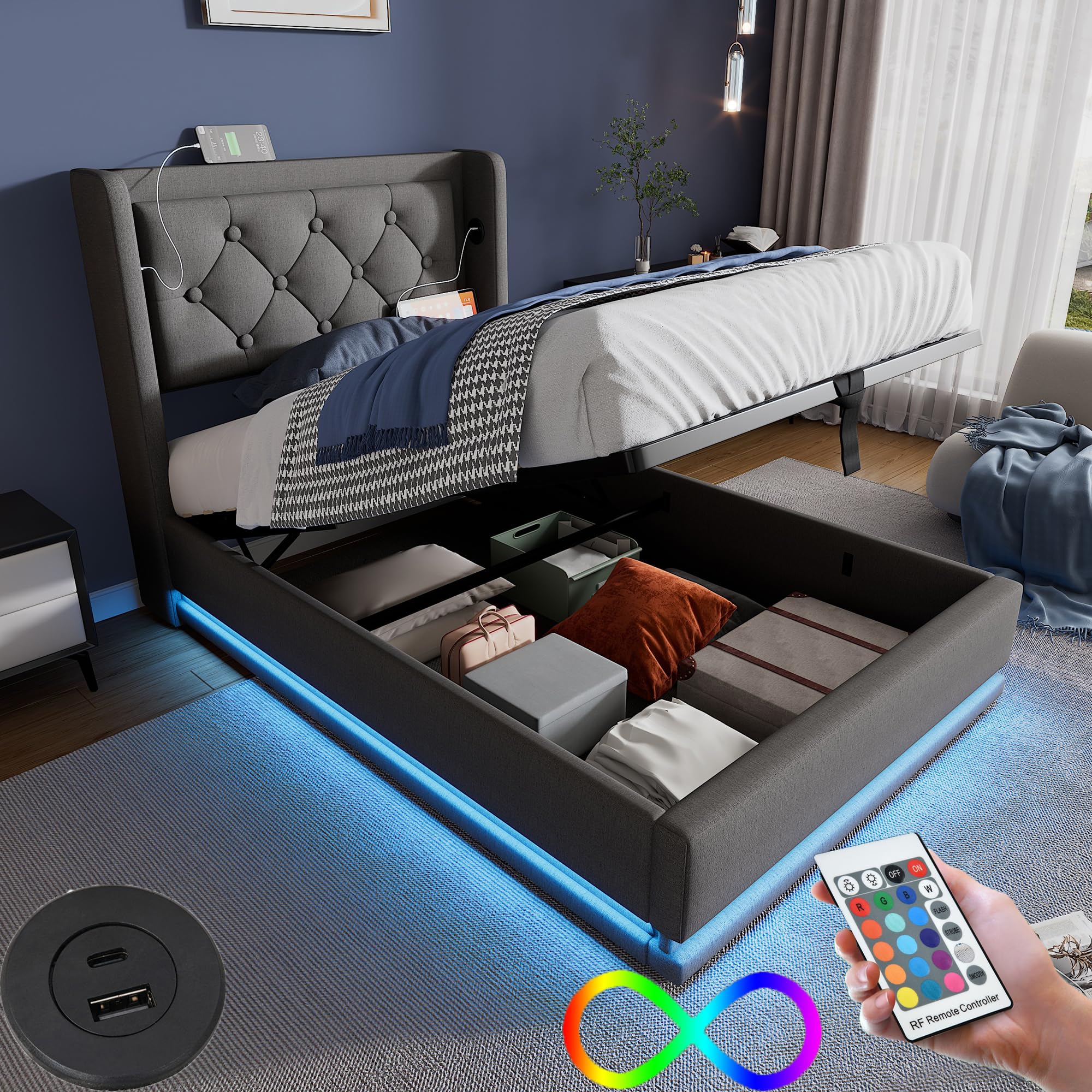 Letto Singolo Imbottito 90x200 Cm Con LED E USB-C - Testata Contenitore, Cassetti E Doghe Metalliche, Grigio - Foto 10