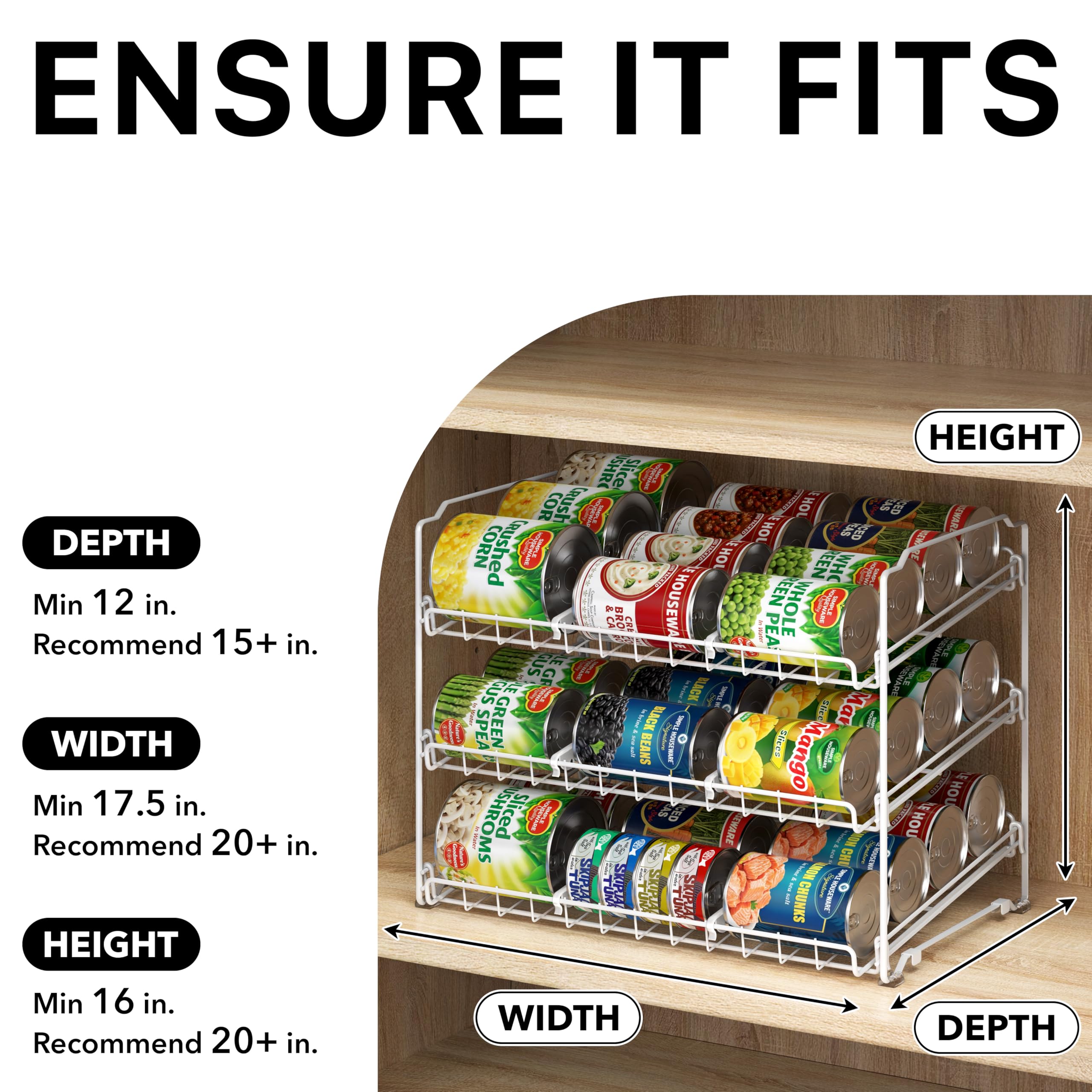 Simple Houseware Stapelbarer Dosenregal-Organizer, Weiß | Dosenspender für Speisekammer/Schrank, verstellbare Trennwände, 29,2 cm D x 43,2 cm B x 34,92 cm H