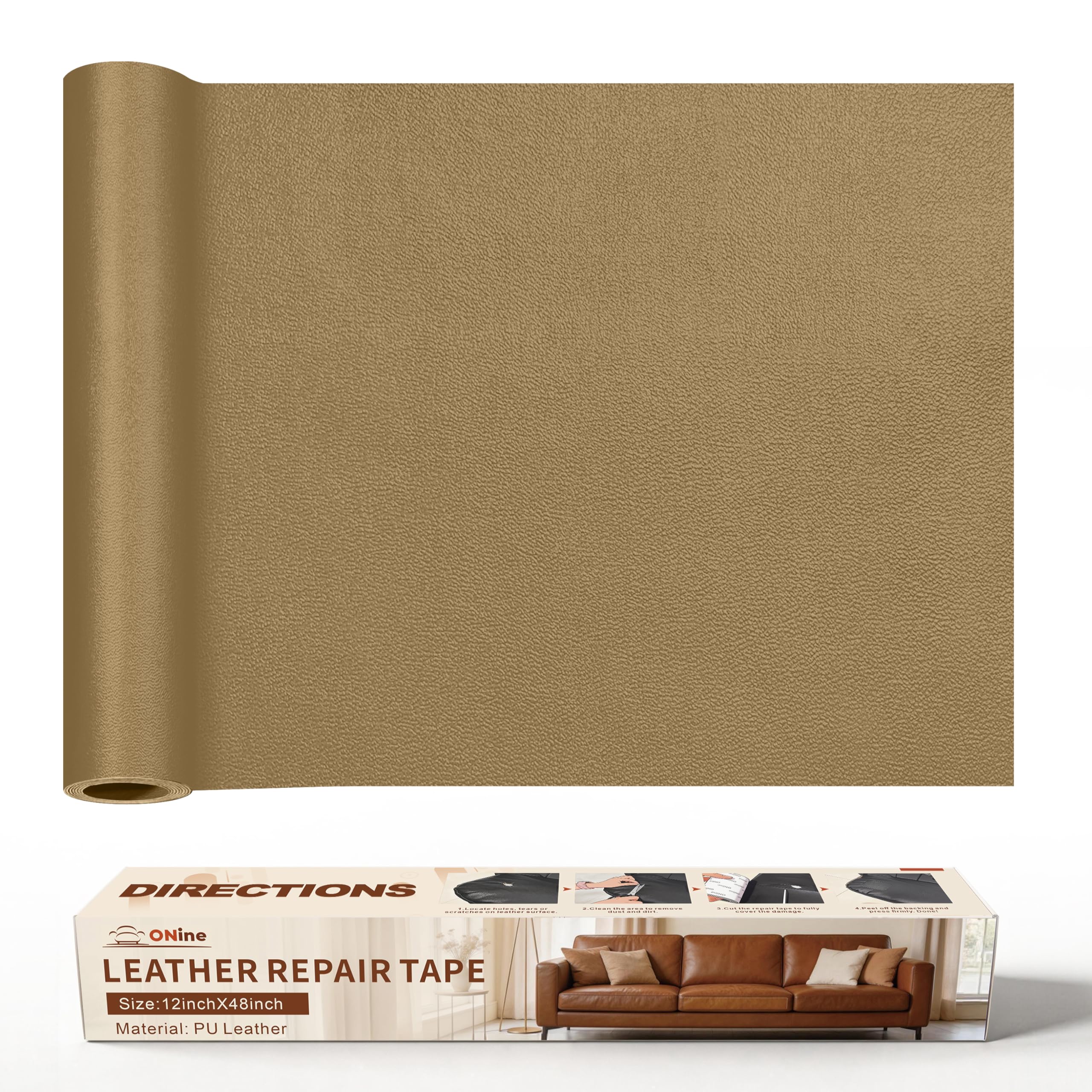 ONine Leather Repair Tape,Self Adhesive Leather Repair Patch,Leather Patches for Furniture,Sofa,Car Seats,Office Chair. Vinyl Repair Kit 12x48in(Gery Khaki)