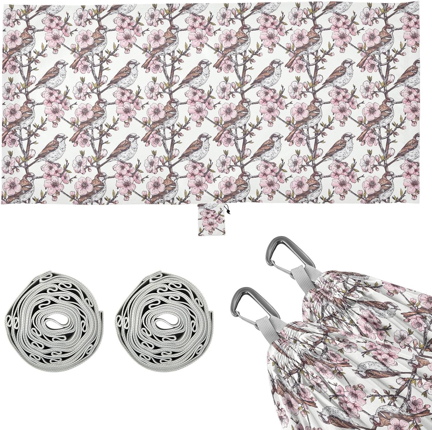 ALAZA Cherry Blossom Flower Bird Camping Hammocks Single or 2 Person 500 lbs Portable Parachute Travel Hammock w/Tree Straps for Hiking Backpacking Indoor Outdoor