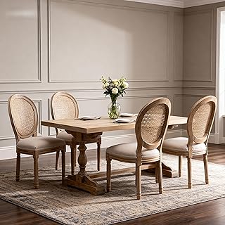 GDFStudio French Dining Chairs Set of 2, Beige Linen Upholstered Oval Rattan Back Seating with Fluted Legs, Wood Frame, Antique Painted Finish, Modern Farmhouse Accent for Kitchen or Dining Room