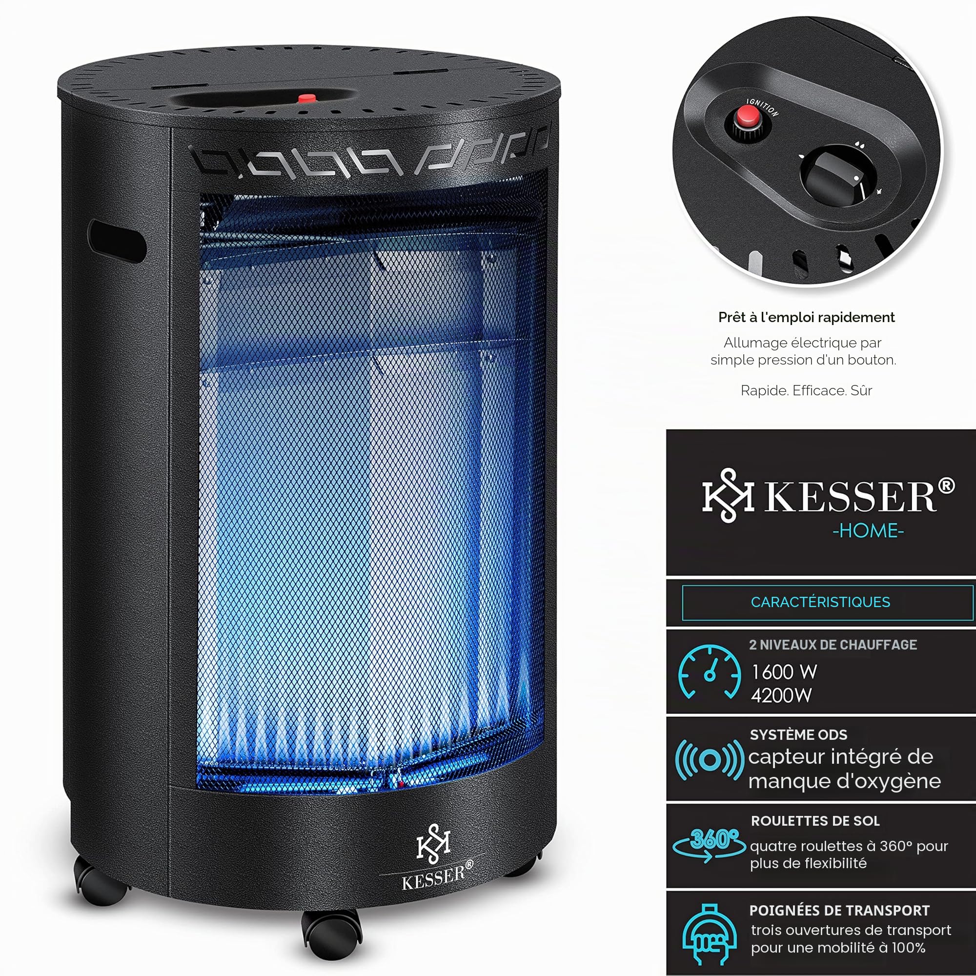 KESSER Chauffage à gaz en céramique 4200 watts avec détendeur, tuyau de gaz, brûleur infrarouge noir