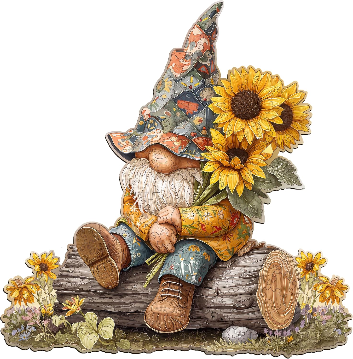 Wooden Puzzles for Adults - Sunflower Gnome Wooden Puzzle, Unique Wood Jigsaw Puzzle for Adults, Wood Puzzles Adult, Gifts for Family, Wall Art Home Decor (157pcs 11.3 * 11.5in M)