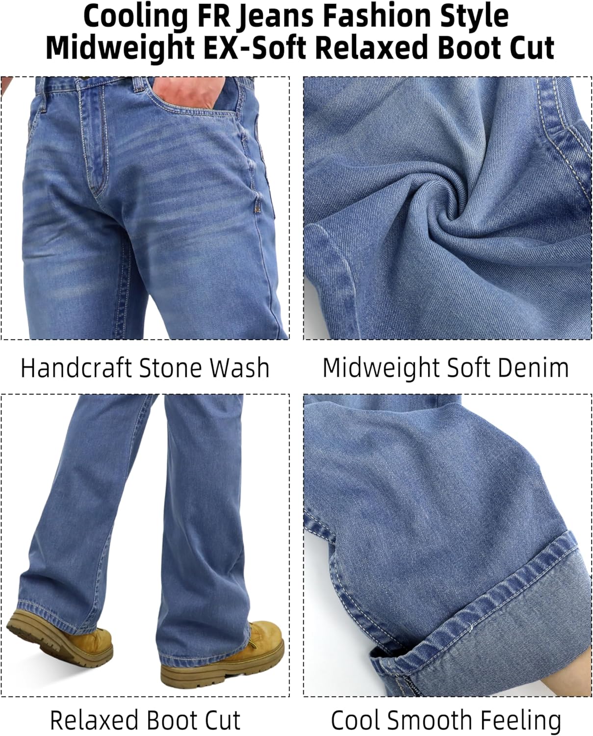 BOCOMAL FR Jeans for Summer Midweight EX-Soft Relaxed Boot Cut Vintage Washed Flame Resistant Work Pants NFPA2112 CAT2 - Image 4