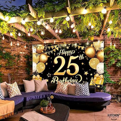 Miniatura 6 de KatchOn, Cartel de feliz cumpleaños número 25 en negro y dorado, XL, 72 x 44 pulgadas, telón de fondo de feliz cumpleaños 25, decoraciones de