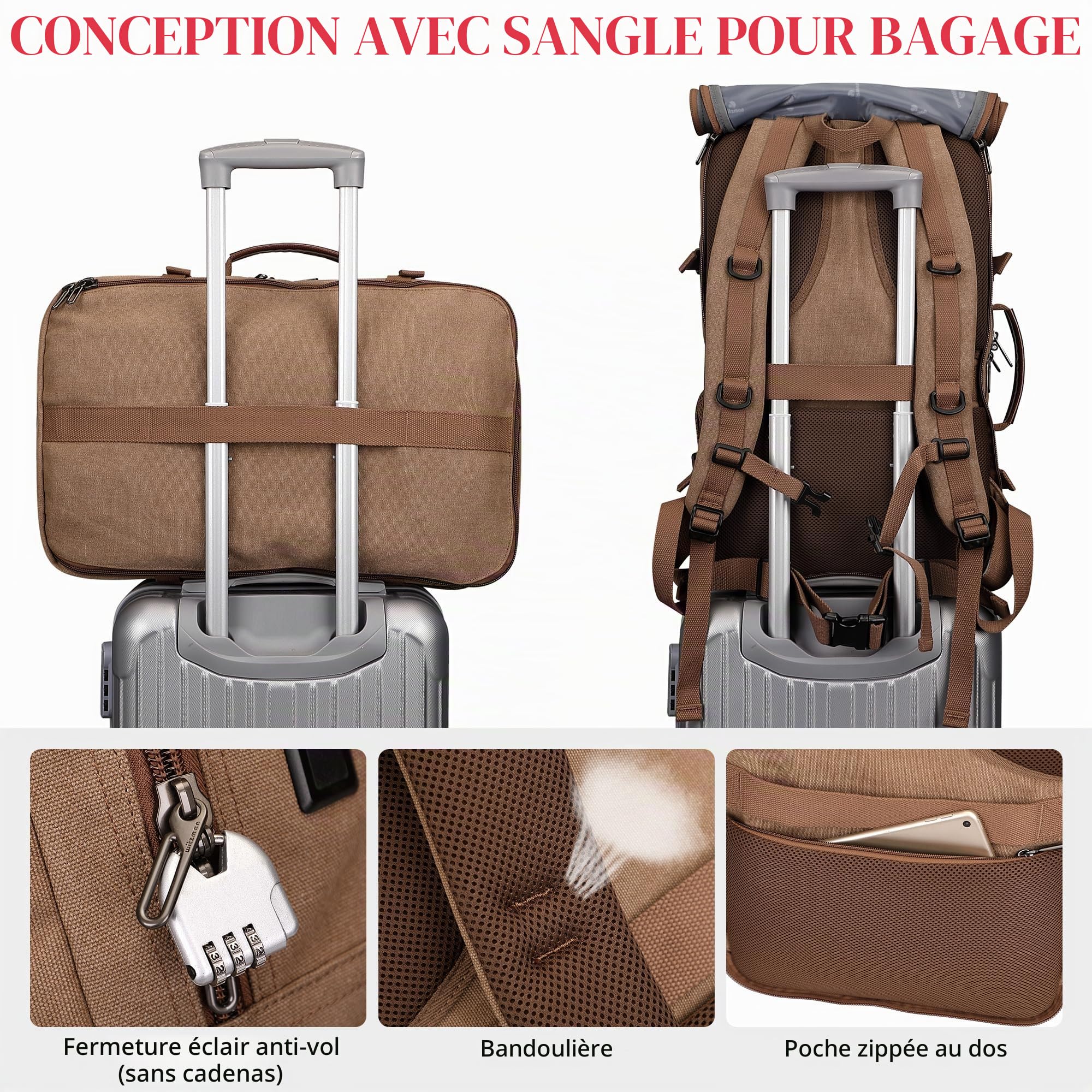WITZMAN Sac à Dos de Voyage Homme Toile Vintage 40L Convertible 3-en-1 USB