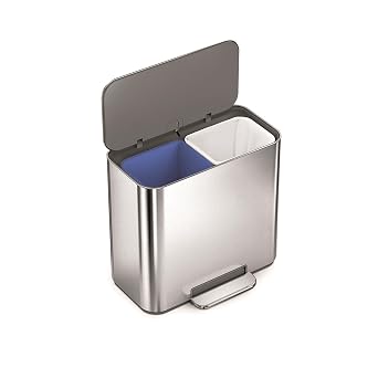 simplehuman Mini Step Recycler, 15L / 4 Gallon Dual Compartment Trash Can for Hotels, Offices, Studios, Small Spaces, 150,000-Step Steel Pedal, Lid Shox Silent Close, Brushed Stainless Steel