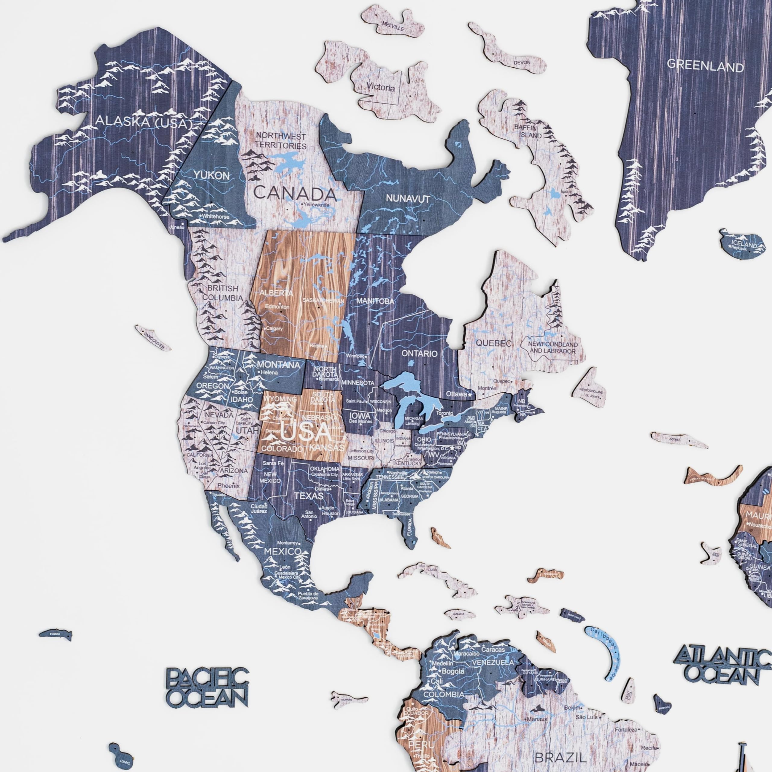 Enjoy The Wood Mapa del Mundo de Madera a Color con Ríos y Lagos - Arte de Pared 3D Decoración del Hogar - Mapa de Viajes de Madera en Todos los Tamaños - Idea de Regalo (L, Mystery)