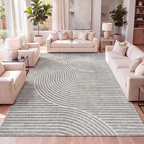JONATHAN Y Hallie High-Low Curve Gray/Ivory Indoor/Outdoor Area Rug, 9x12, Minimalist, Pet Friendly, Non-Shedding, Stain Resistant, Hose-Washable for Backyard, Patio, Porch (SCN100A-9)
