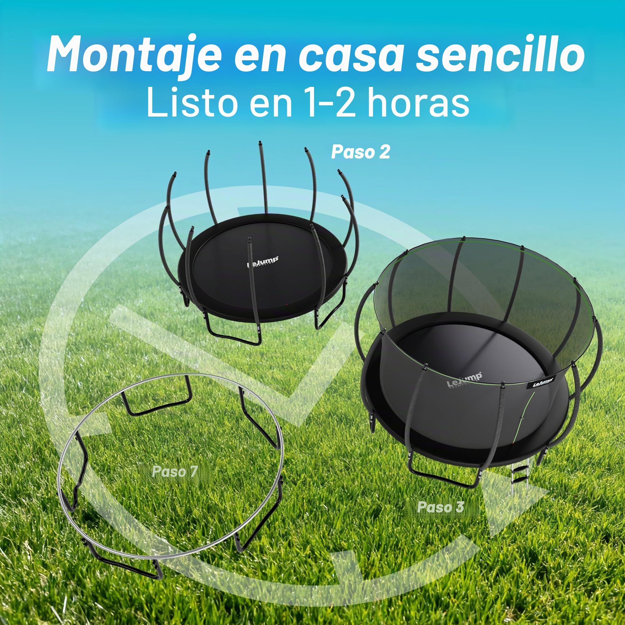 LeJump Cama Elástica Exterior de 235/305/366 cm, Cama Elástica de Jardín para Niños con Red de Seguridad Alta y Escalera, Camas Elásticas Certificadas GS, Capacidad Máxima 100/150 kg