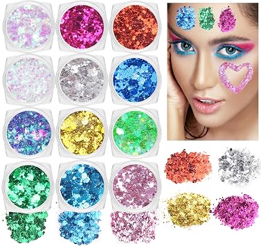 MEICOLY 12 Colors Face and Body Glitter Palette Set, Sparkles, Chunky Hair Glitter, Mermaid Gel, Makeup, Festival Paint for Women and Kids