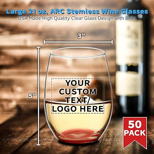 Miniatura 5 de DISCOUNT PROMOS 50 ARC - Juego de copas de vino sin tallo, 21 onzas, texto personalizable, logotipo, Chardonnay, Cabernet, Merlot, Sauvignon, rojo