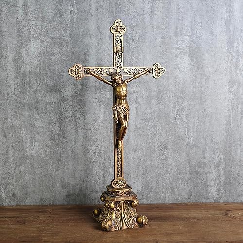 Miniatura 5 de Buildclassic - Crucifijo católico de pie, cruz religiosa de mesa, regalo devoto, pintado a mano en acabado dorado vintage, 14.75 pulgadas de alto
