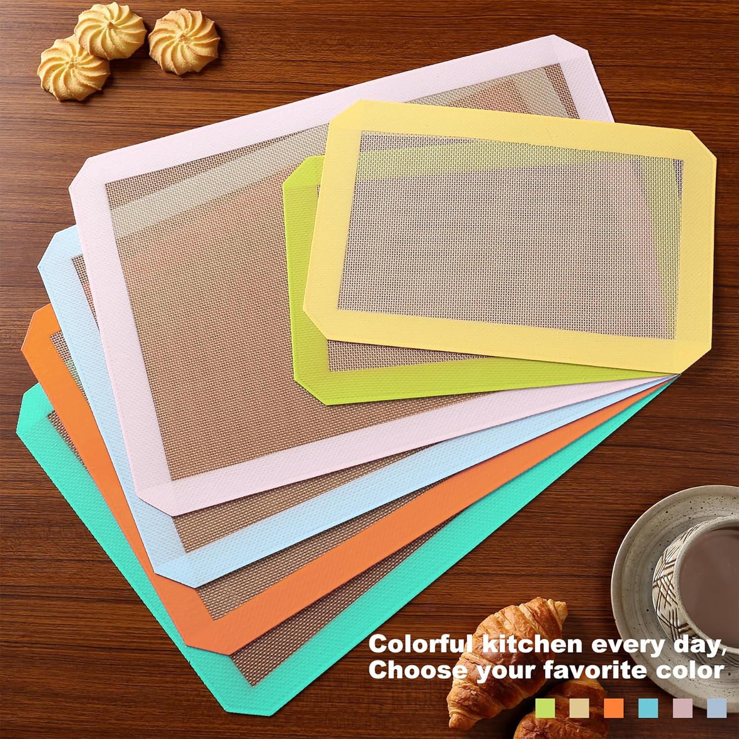 Colorful Silicone Baking Mat Non Stick,Food Safe Silicone Baking Sheet Easy to Clean, Reusable Silicone Mats for Baking Bread,Pizza,Cookies, Macaroons-3 pack(Pink+sky blue+lemon yellow)