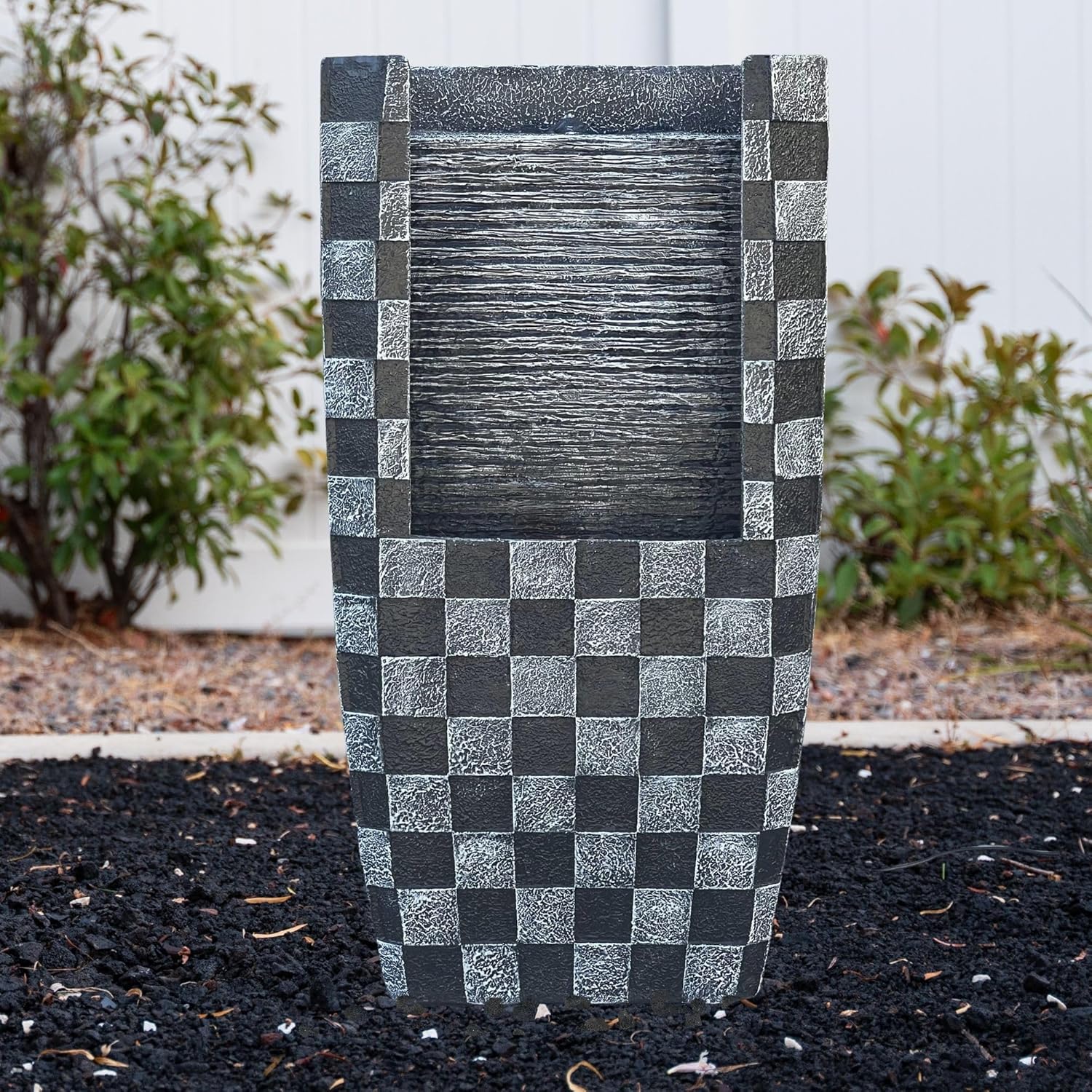 XBrand 23.8" H Black Outdoor Water Fountain with LED Light and Planter Area, Decorative Garden Water Feature for Patio, Deck, Backyard and Indoor Home Décor