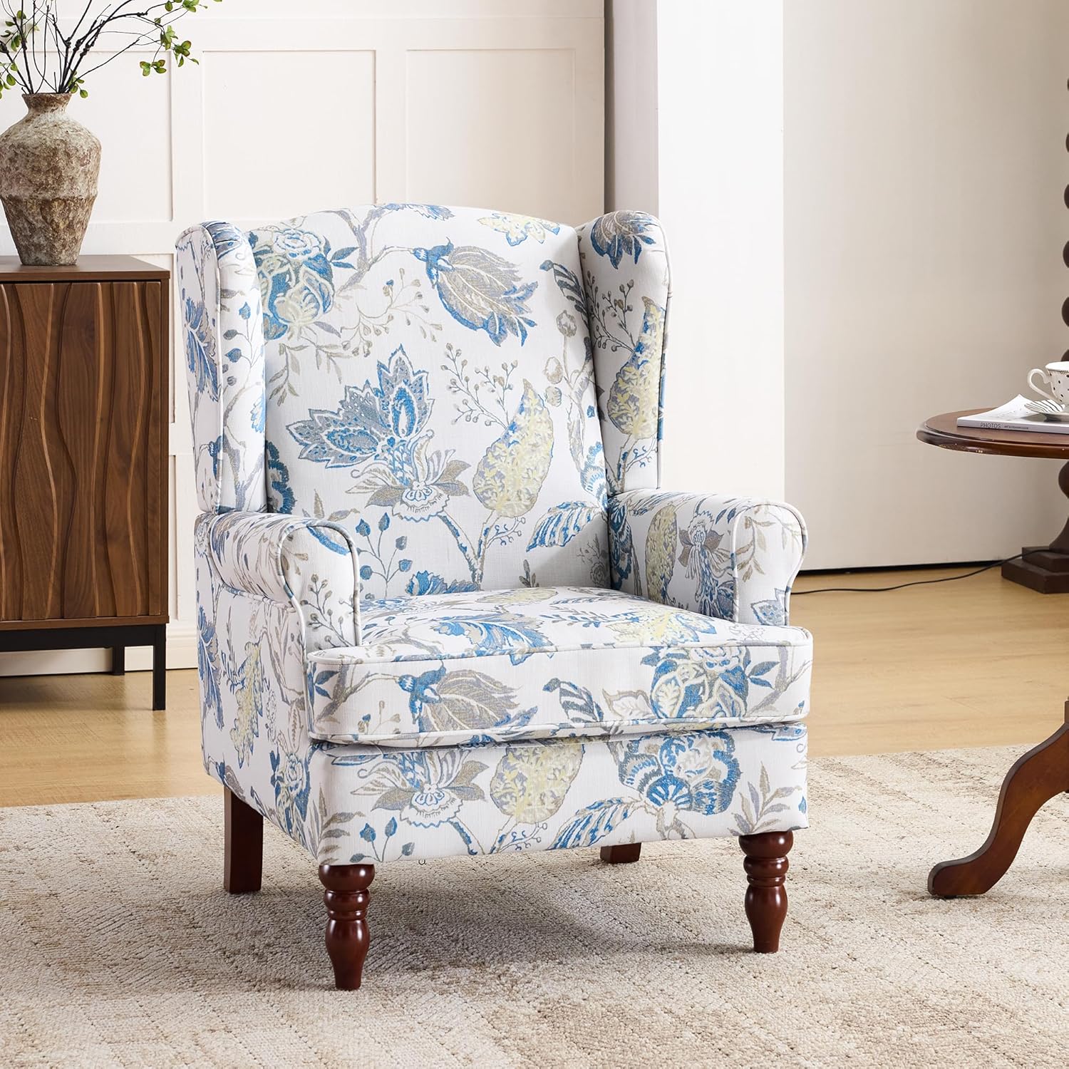 EROMMY Floral Accent Chair, Comfortable High Back Upholstered Armchair with Solid Wood Legs, Leisure Single Sofa Chair for Living Room, Bedroom, Home Office, Blue Floral