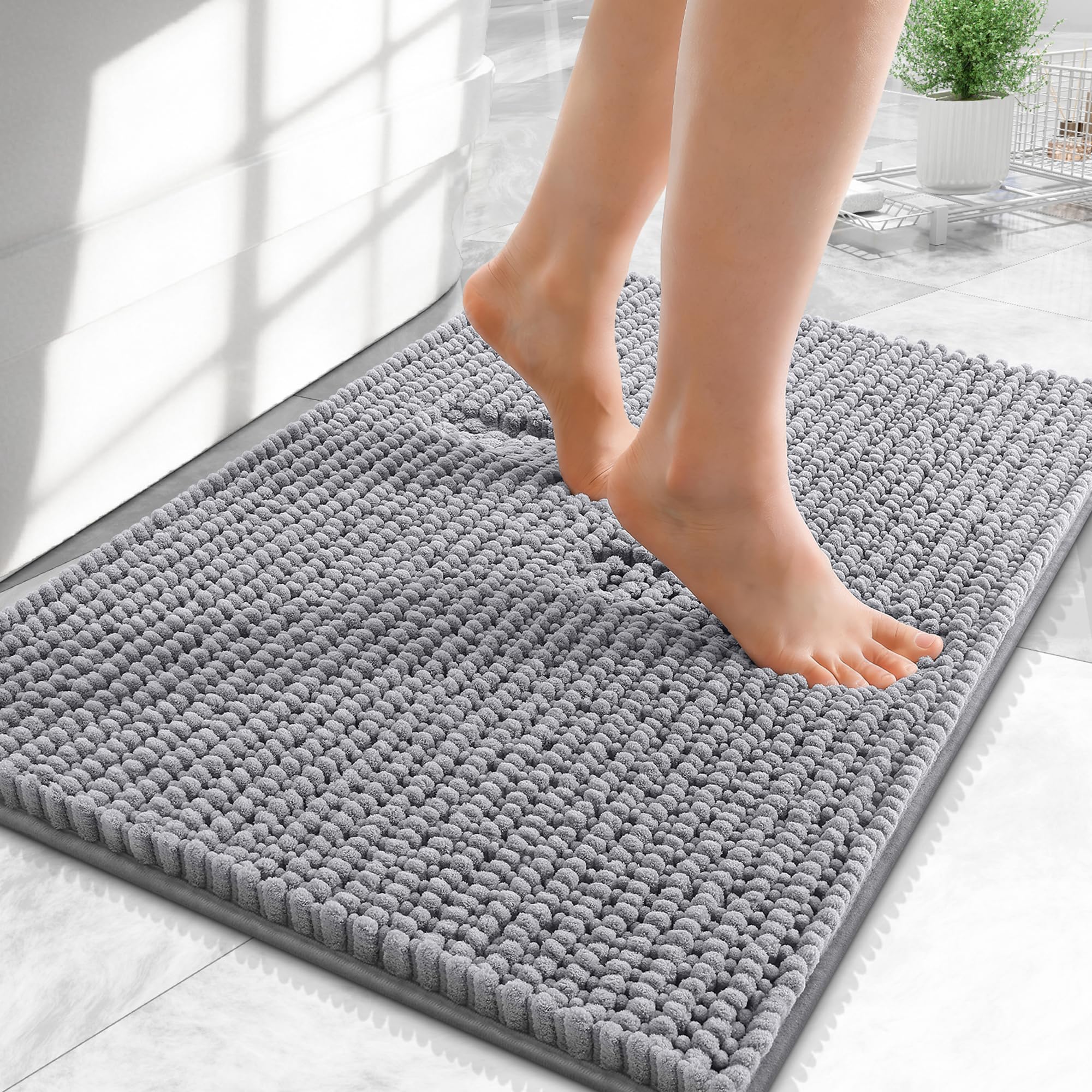 OLANLY Thick Chenille Small Bathroom Rugs 24x16, Absorbent Bath Mat, Grey