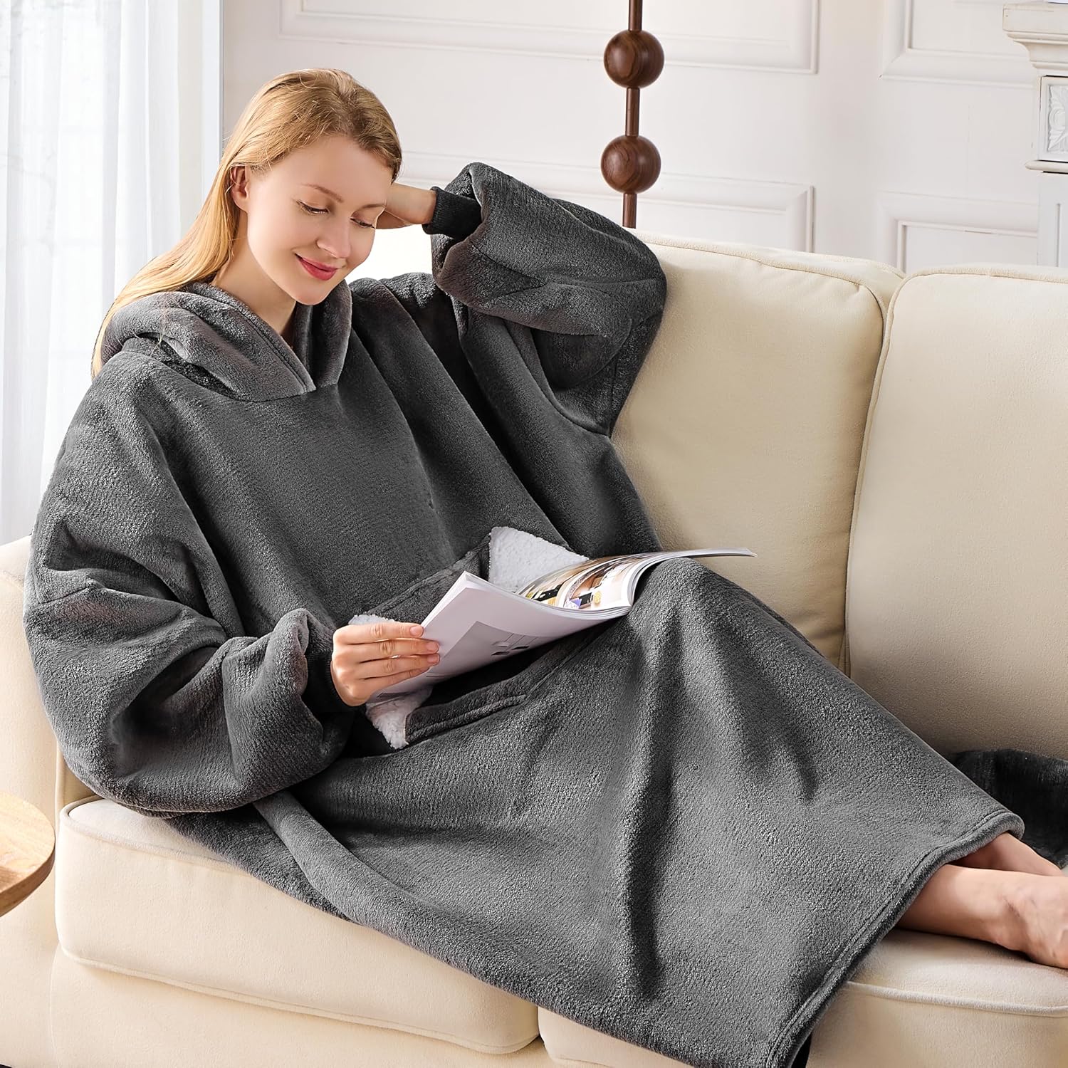 Wearable Blanket Hoodie, Sherpa Fleece Hooded Blanket, Oversized Hoodie for Adults Women Men, Cozy Blanket Sweatshirt with Giant Hood, Pocket & Sleeves, Gifts for Wife, Mom, One Size Fits All (Grey) - Image 6