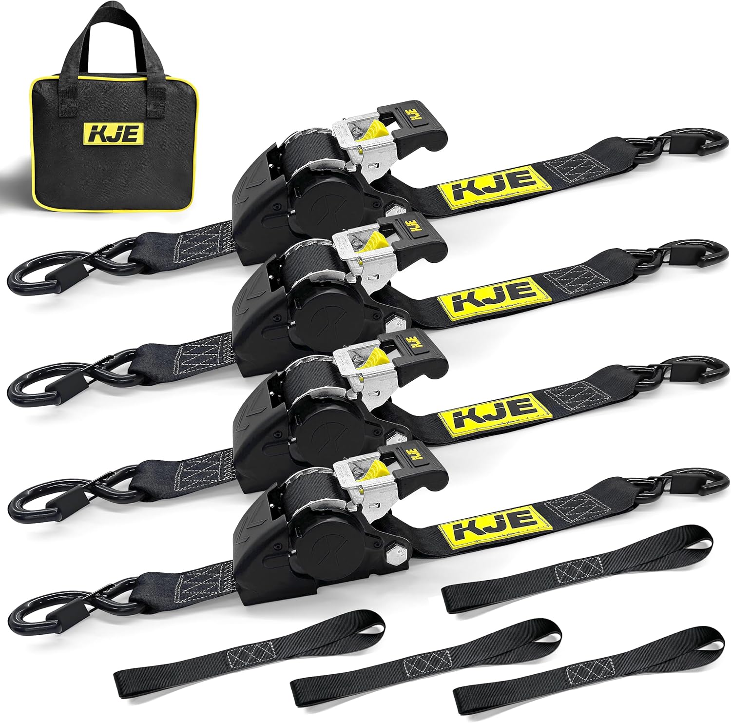 KJE Retractable Ratchet Straps, (4) 2" x 10' Automatic Tie Down Strap Sets + (4) Soft Loops - Heavy Duty 3,300lb Max Break Strength, S-Hook with Clip, Self Retracting Strap for Motorcycle, Kayak, ATVs