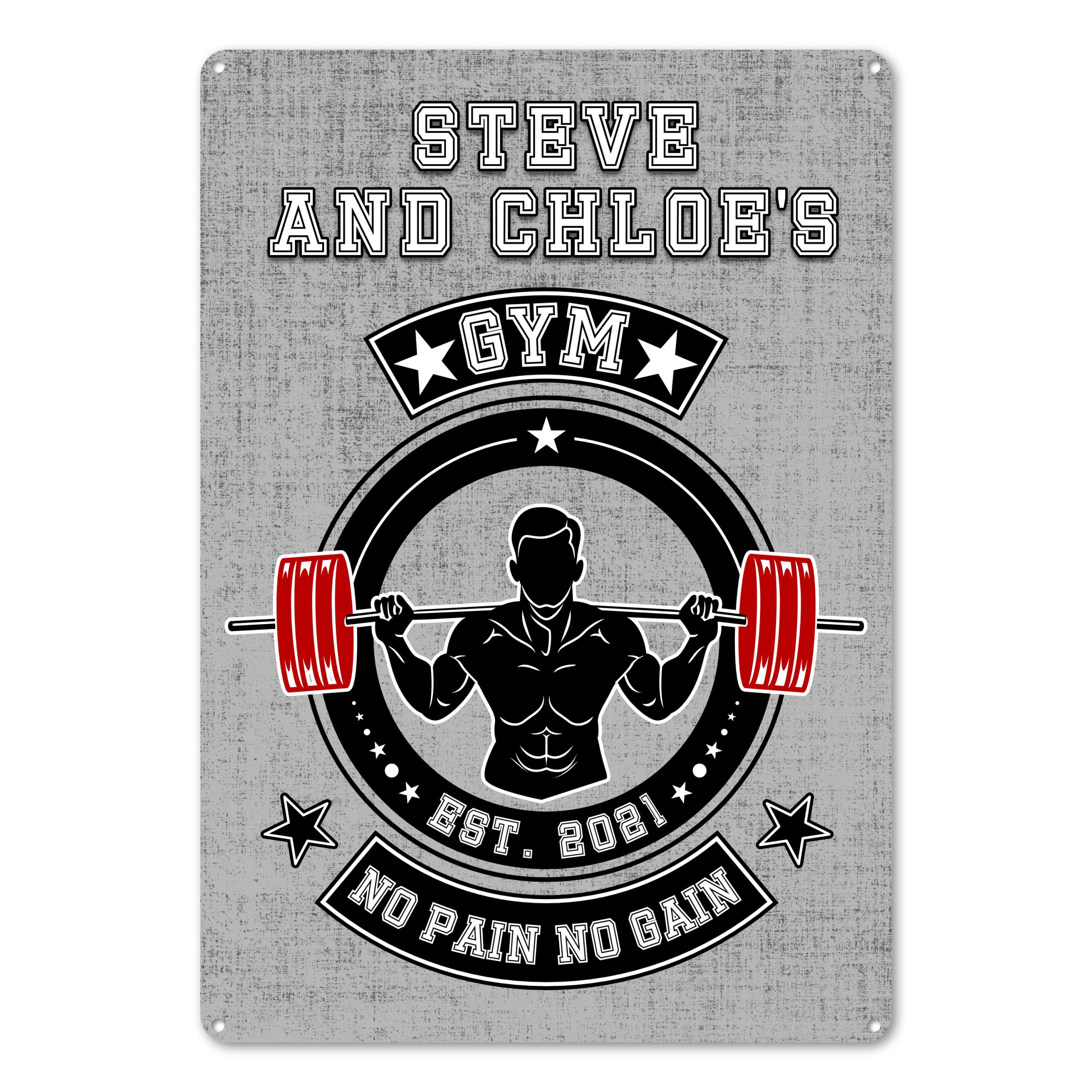 Personalised Home GYM Sign Plaque. No Pain No Gain METAL Sign. Den, Mancave, Garage (141 x 197mm, Rounded Corners)