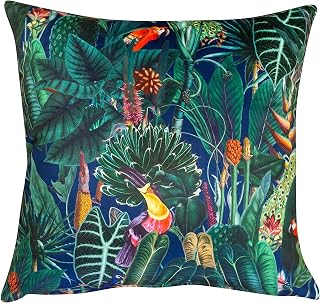 Linen Loft Lima Jungle Birds Velvet Cushion Cover. Tropical Toucans, Peacocks & Jeweled Navy Blue Rainforest. Backed With a Plain Navy Soft Velvet Reverse. 17x17 Cover Only
