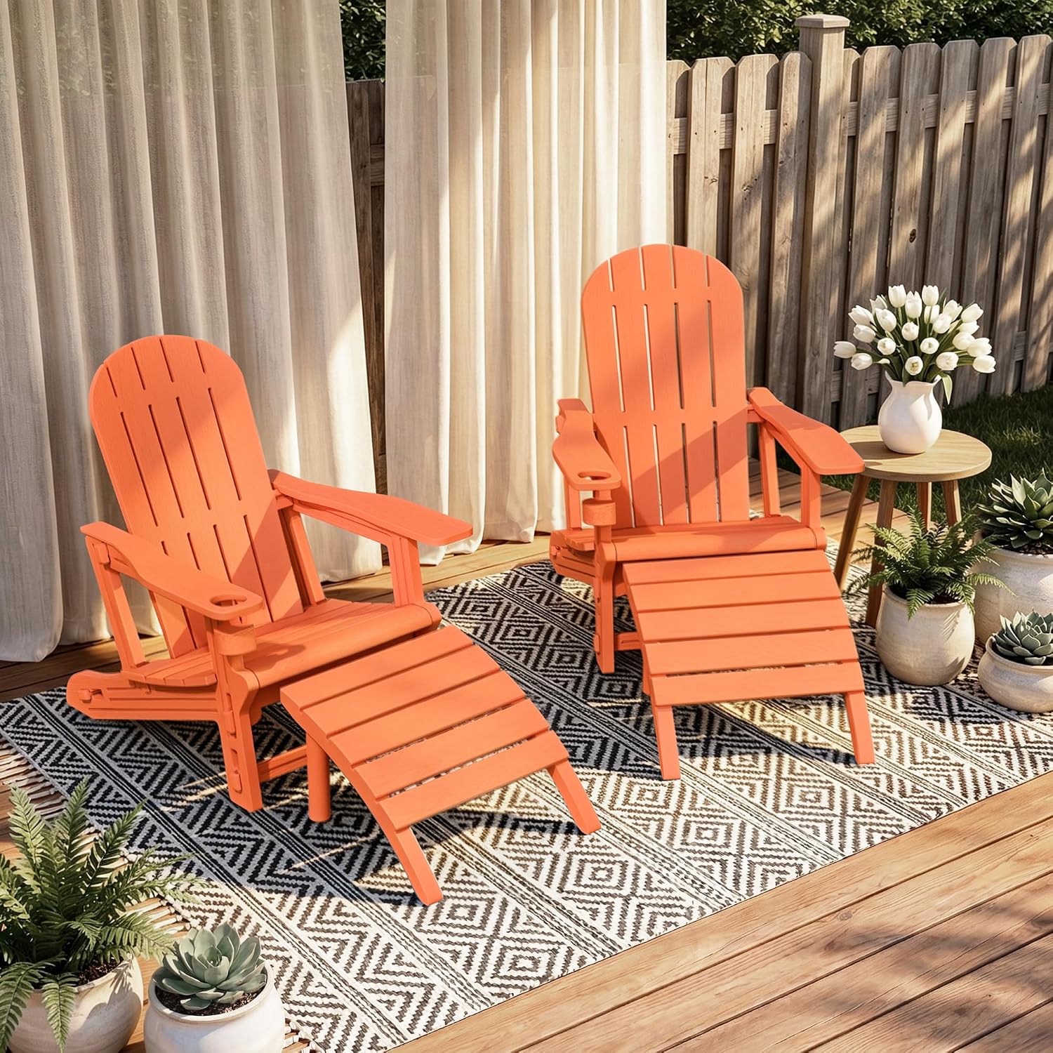 Shintenchi Adirondack Chair Set of 2,HDPE Adirondack Chairs with Umbrella Hole Connecting Tray & 2 Curved Ottoman,Plastic Outdoor Chairs with Cup Holders for Garden Backyard Pool,Orange