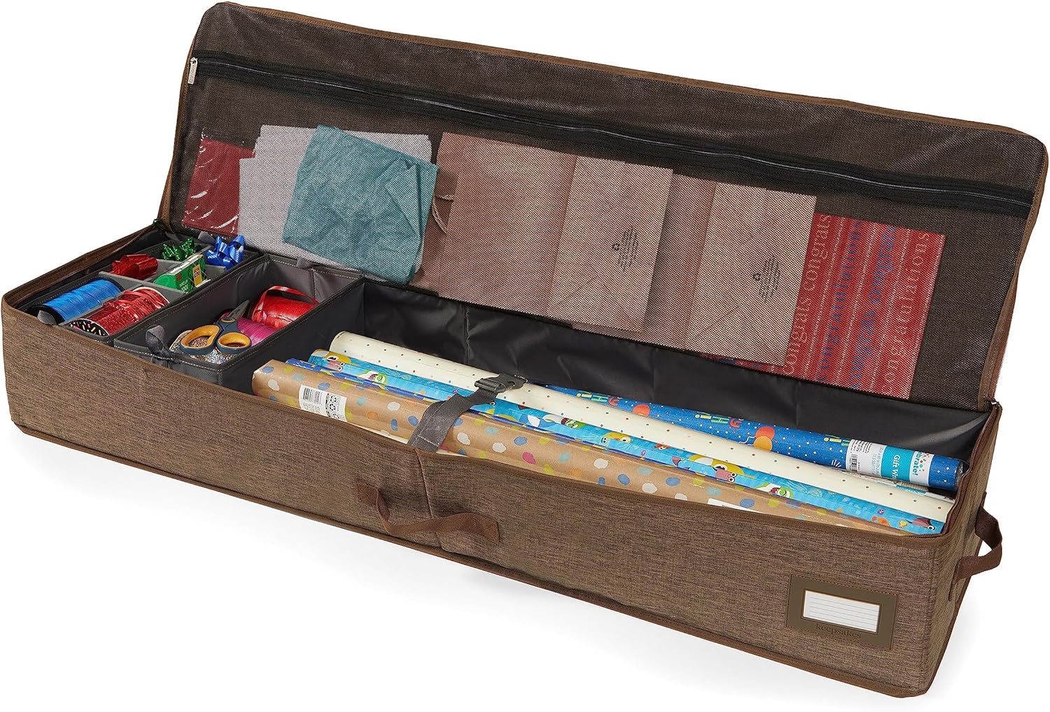 Covermates Keepsakes Deluxe Gift Wrap Storage Bag, Heavy Duty Polyester Organizer, ID Window, Mesh Pocket, Buckle Strap, Dual Zipper Closure, Holiday Wrapping Storage, Brown Heather
