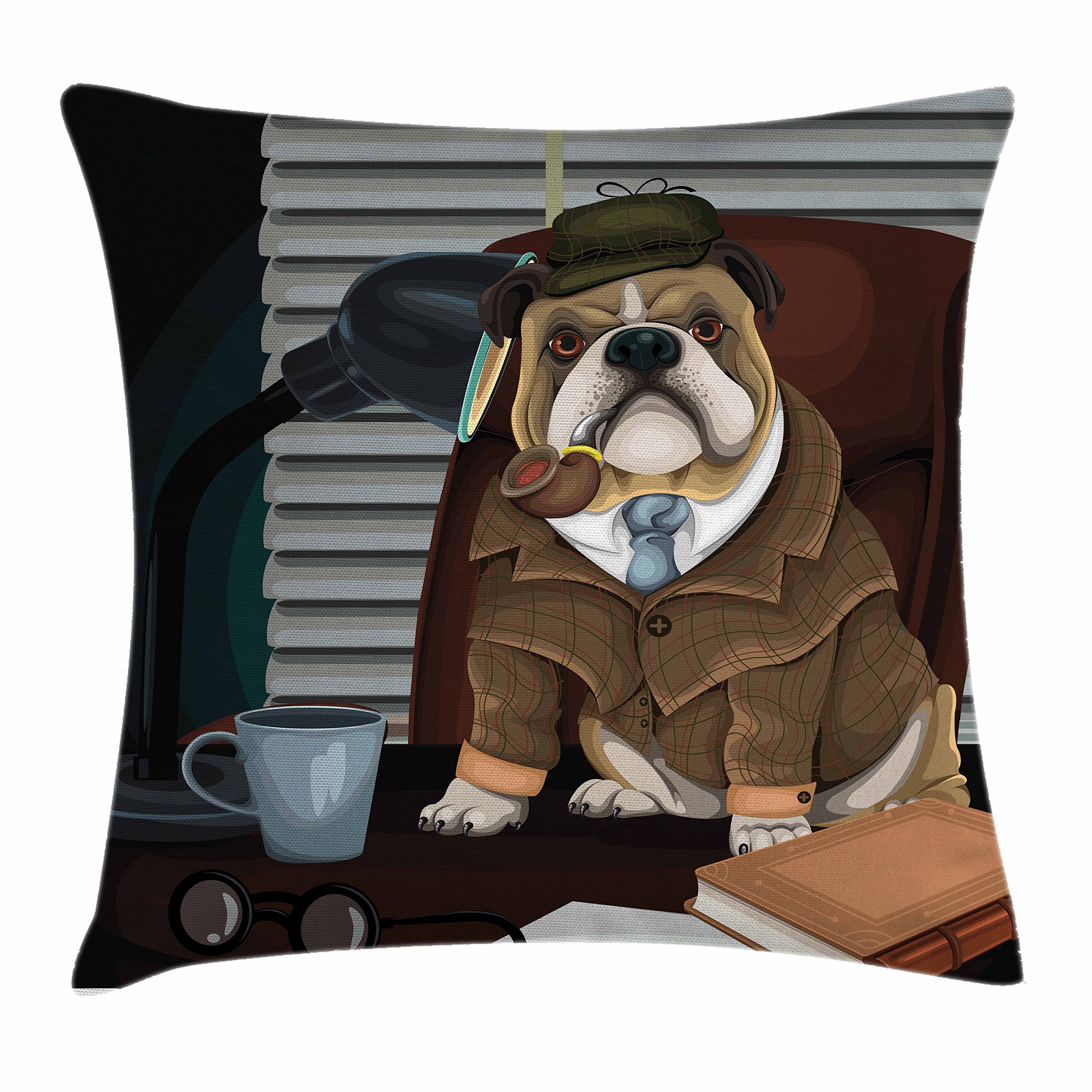 Ambesonne English Bulldog Throw Pillow Cushion Cover, Traditional Detective Dog and Hat Sherlock Holmes Image, Decorative Square Accent Pillow Case,