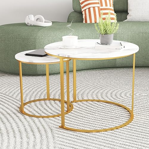 Miniatura 8 de Juego de 2 mesas de centro redondas anidadas blancas, mesas de madera con patrón circular de mármol, nórdico simple para sala de estar, juego de