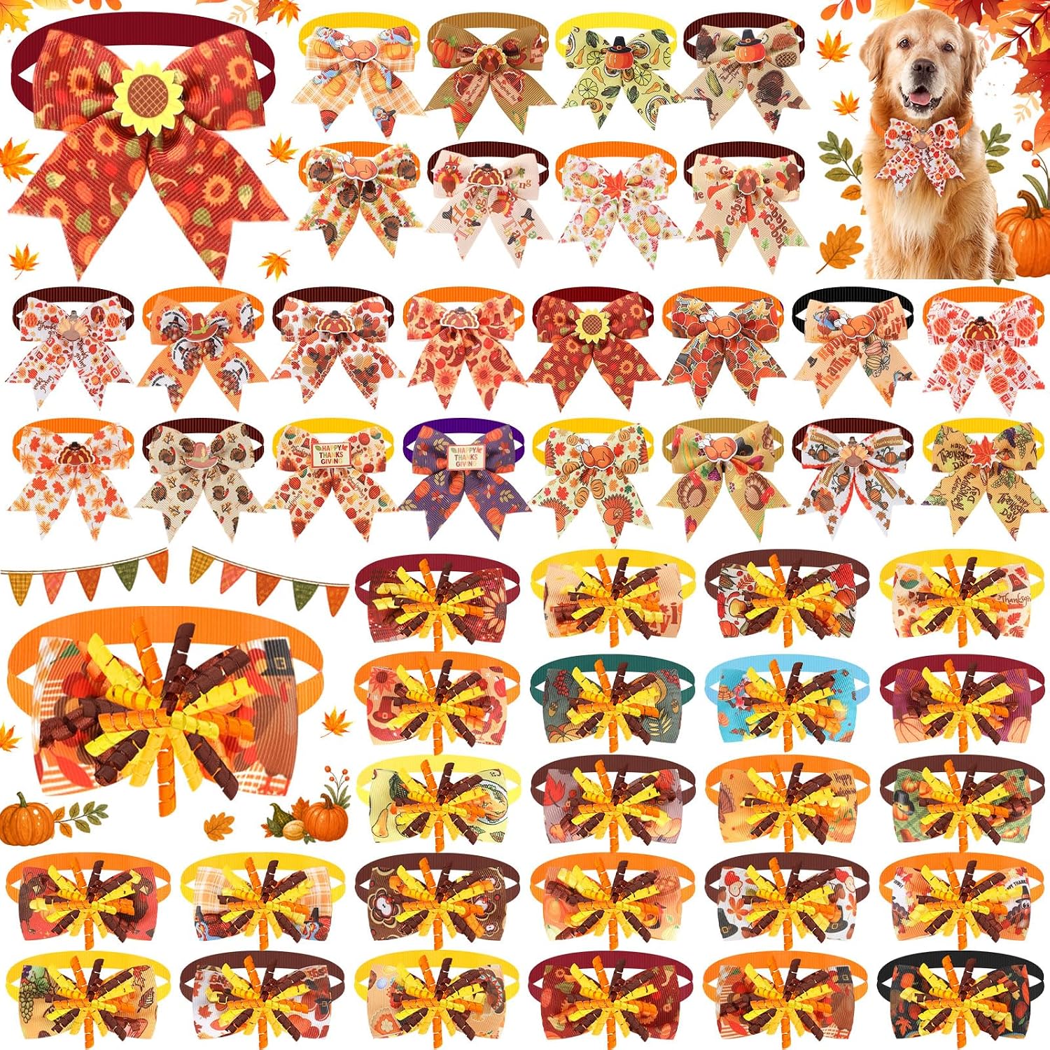 Huhumy 50 Pcs Fall Dog Bow Tie Bulk Thanksgiving Pet Collar for Dog Cat