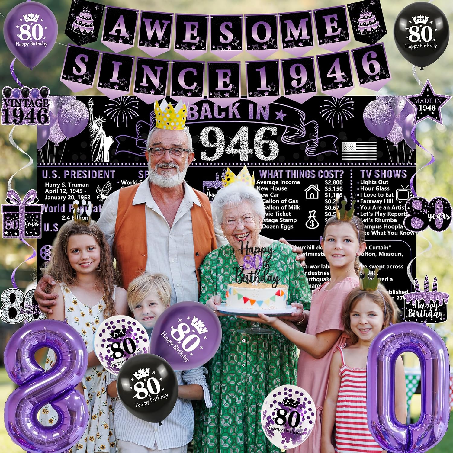 Black Purple Back in 1946 80th Birthday Decorations for Women | Vintage Back in 1946 Poster Background Banner, 80 & Fabulous Sash, Cake Topper, Balloon, 80 Year Old Birthday Party Supplies
