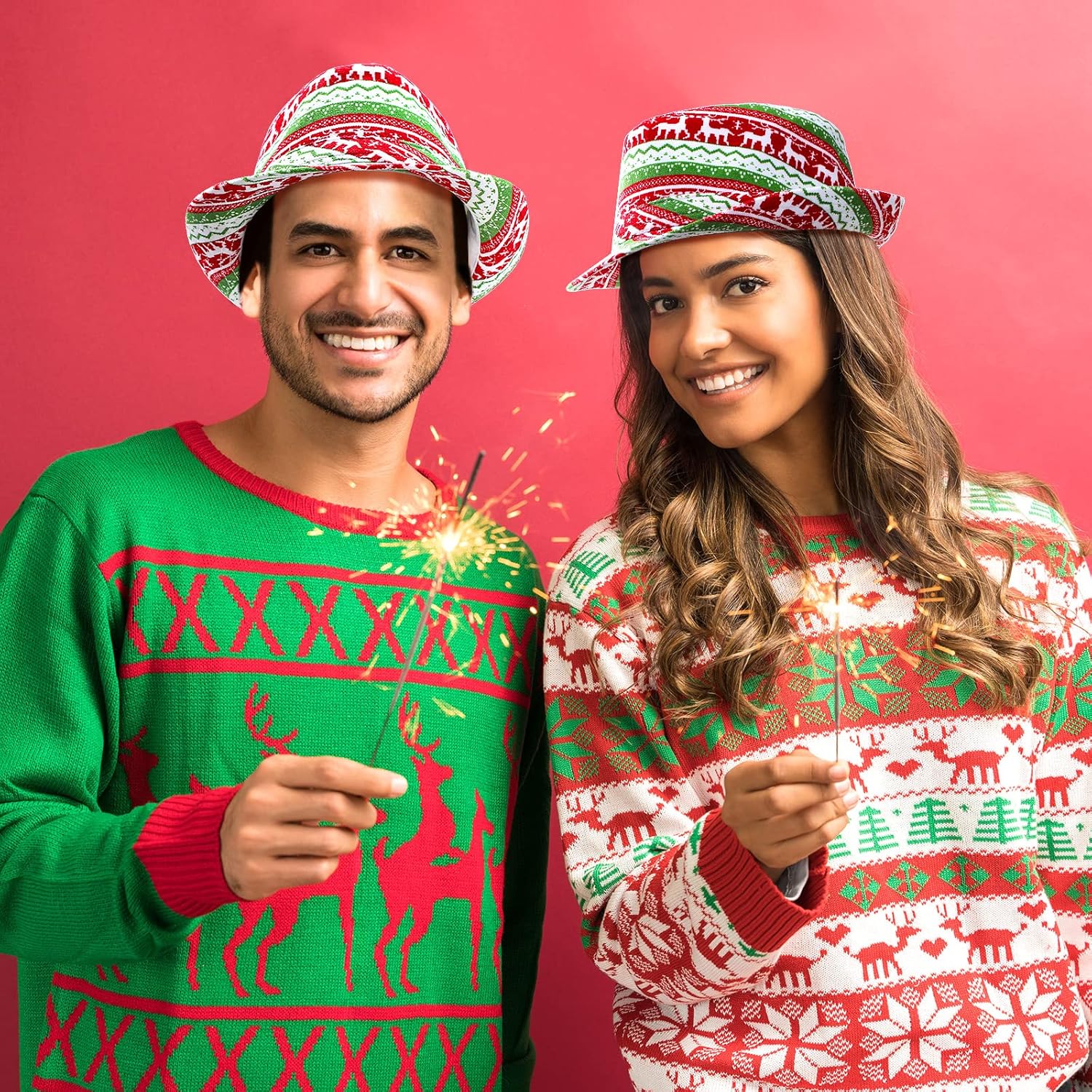 Jadive 6 Pcs Ugly Sweater Hat Funny Christmas Holiday Red and Green Party Hat for Adults Unisex Short Brim - Image 7