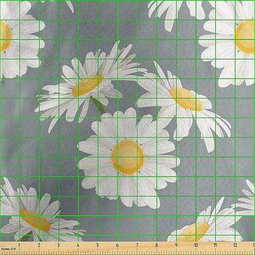 Miniatura 3 de Lunarable Grey Yellow Fabric by The Yard, Romantic Repetition of Blossoming Daisy Petals Spring Garden Scenery, Decorative Satin Fabric for Home