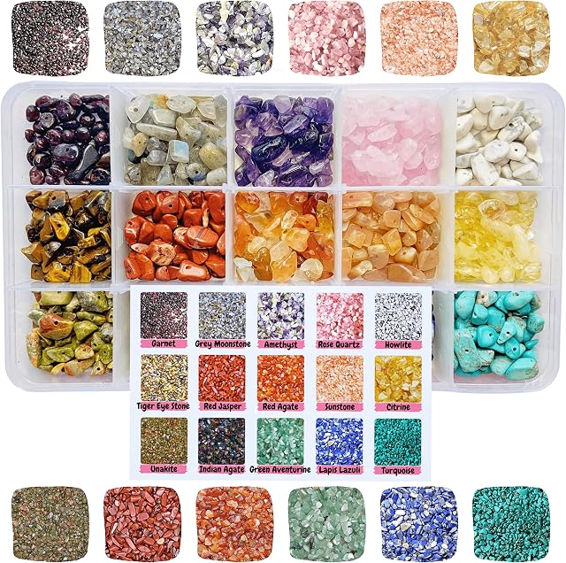 Crystal Beads for Jewellery Making - 15 Colour Natural Gemstone Chips for DIY Jewellery Making Kits and Crafts