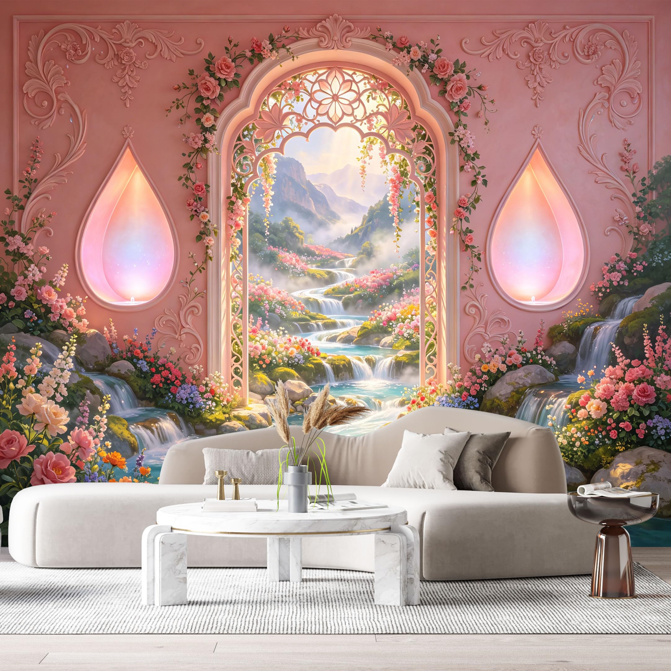 Custom Size Wall Murals Fantasy Garden Archwaterfall 3D Trompe L'Oeil SelfAdhesiveWall Fabric Removable Wallpaper Wall Decor for Living Room Bedroom Bathroom