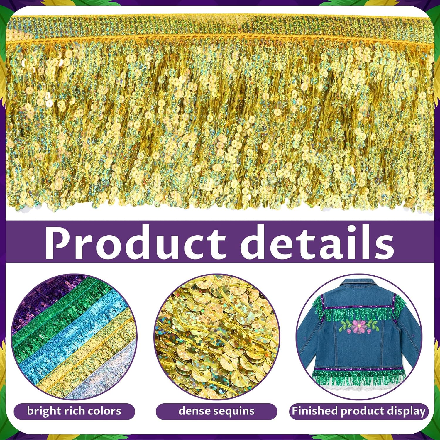Lyrow 25 Yards Sequin Fringe Trim 6 Inch 5 Colors (Purple, Gold, Green, Blue, Silver) Sparkly Tassel Ribbon for DIY Clothing Home Decor Party Backdrop Curtain Wedding Stage Dress Sewing Craft Supplies
